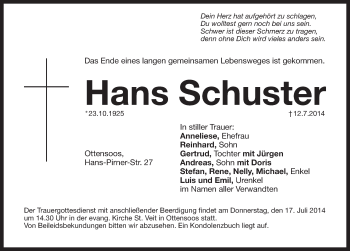 Traueranzeige von Hans Schuster von Pegnitz-Zeitung